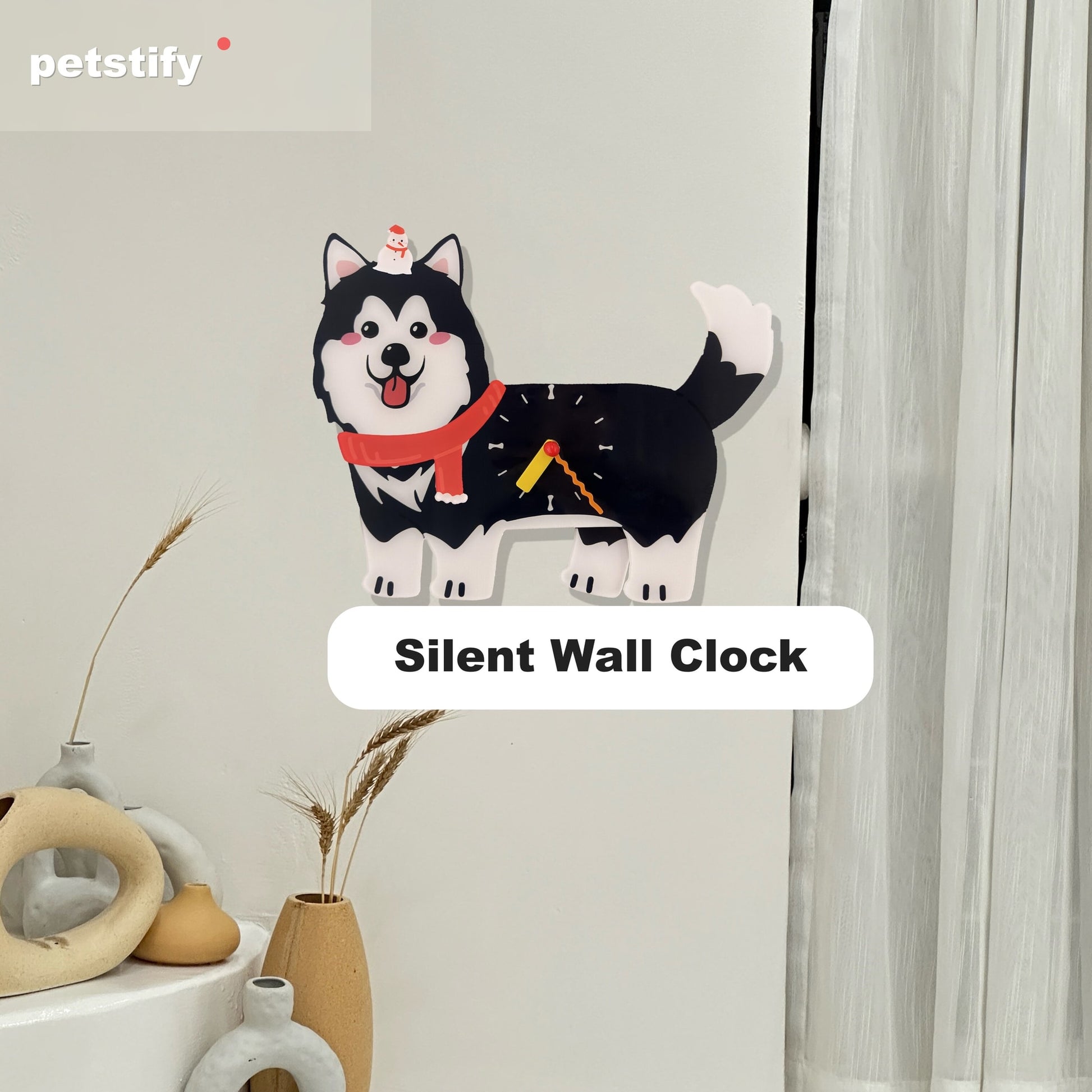Petstify Alaskan Malamute dog wall clock - styled on a home wall in a real room