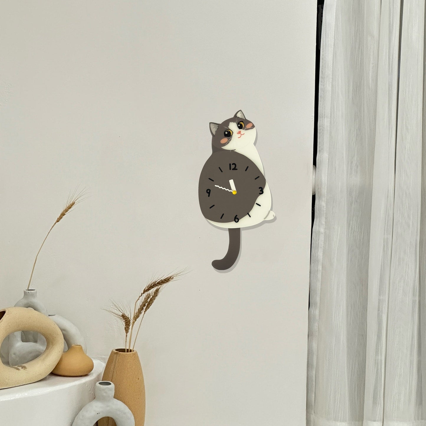 Petstify Blue and White Cat swinging tail acrylic wall clock room wall decor photo
