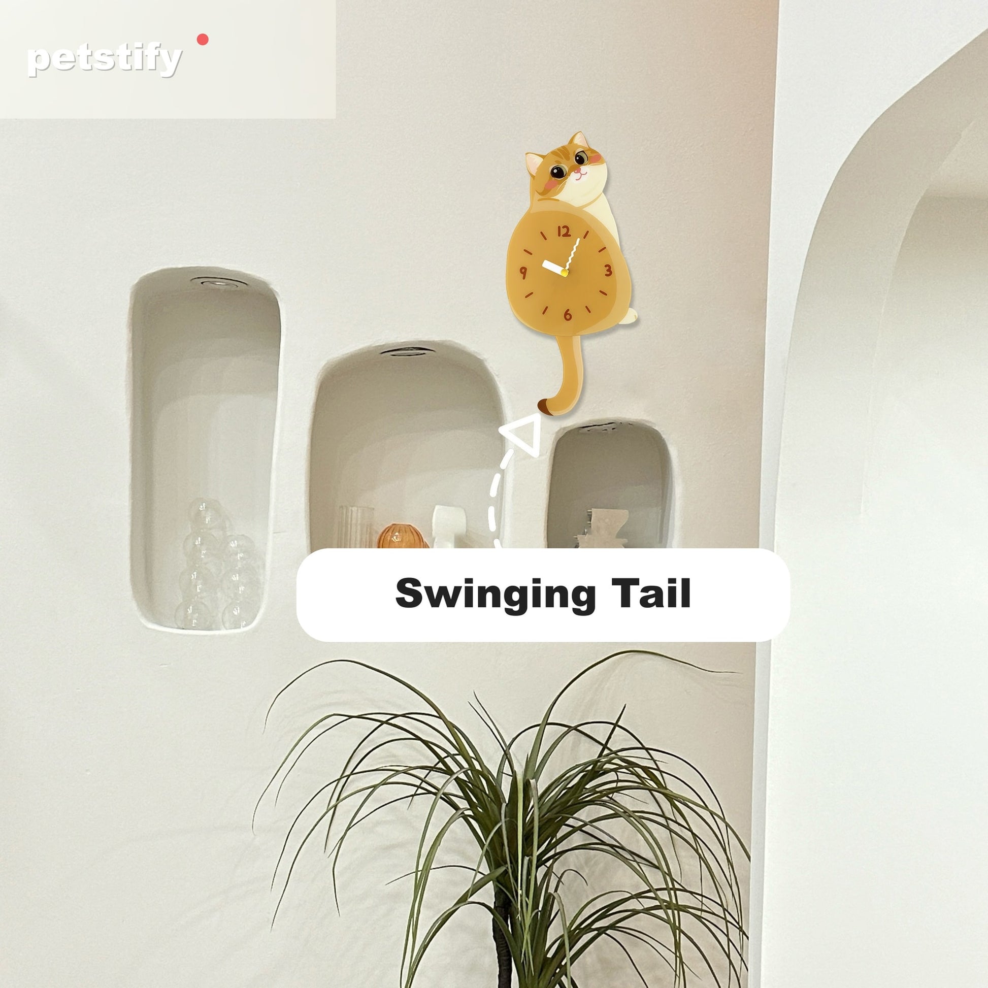 Petstify Golden Shaded Cat cat wall clock - styled on a home wall in a real room