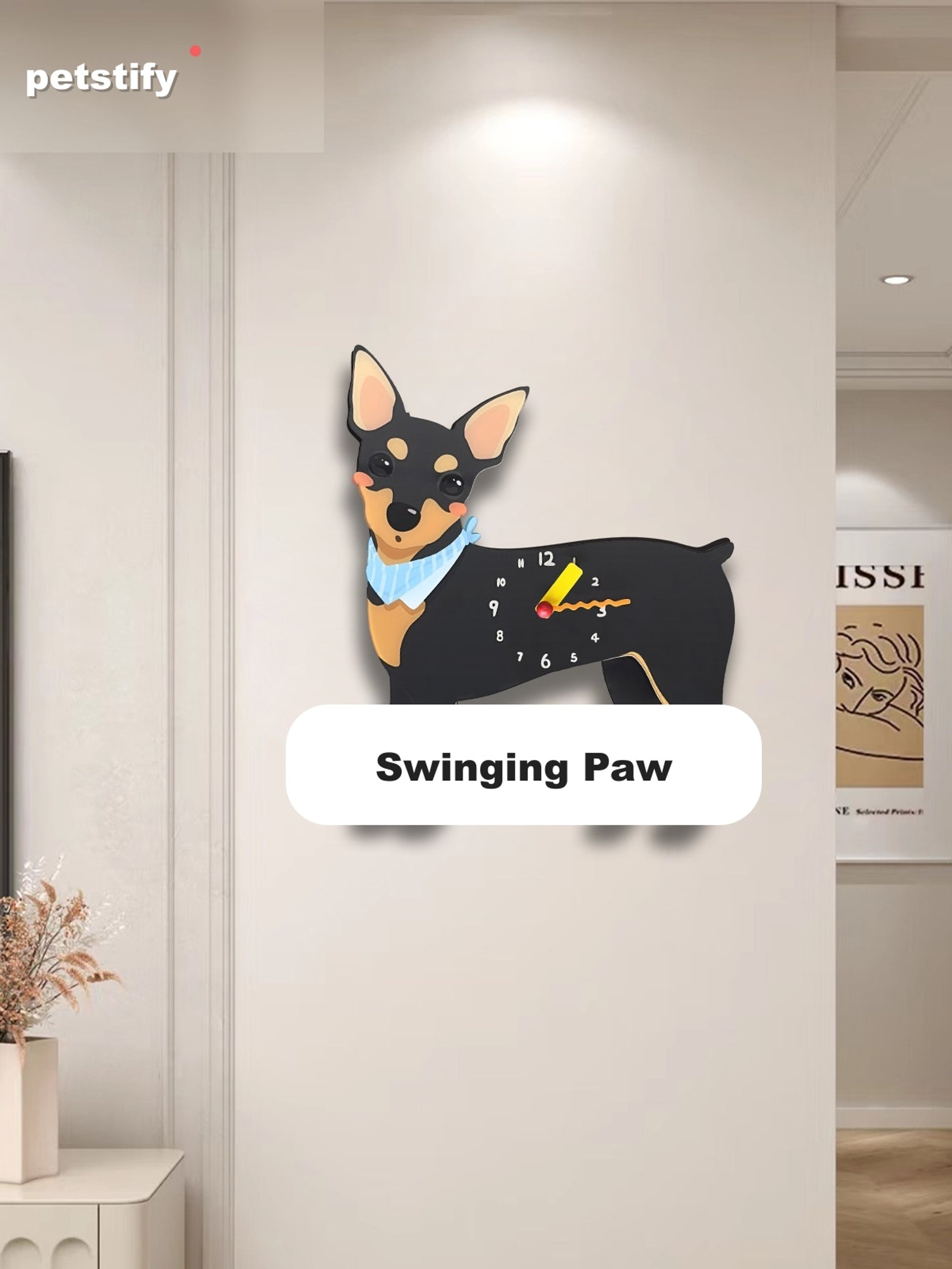 Petstify Miniature Pinscher dog wall clock - styled on a home wall in a real room