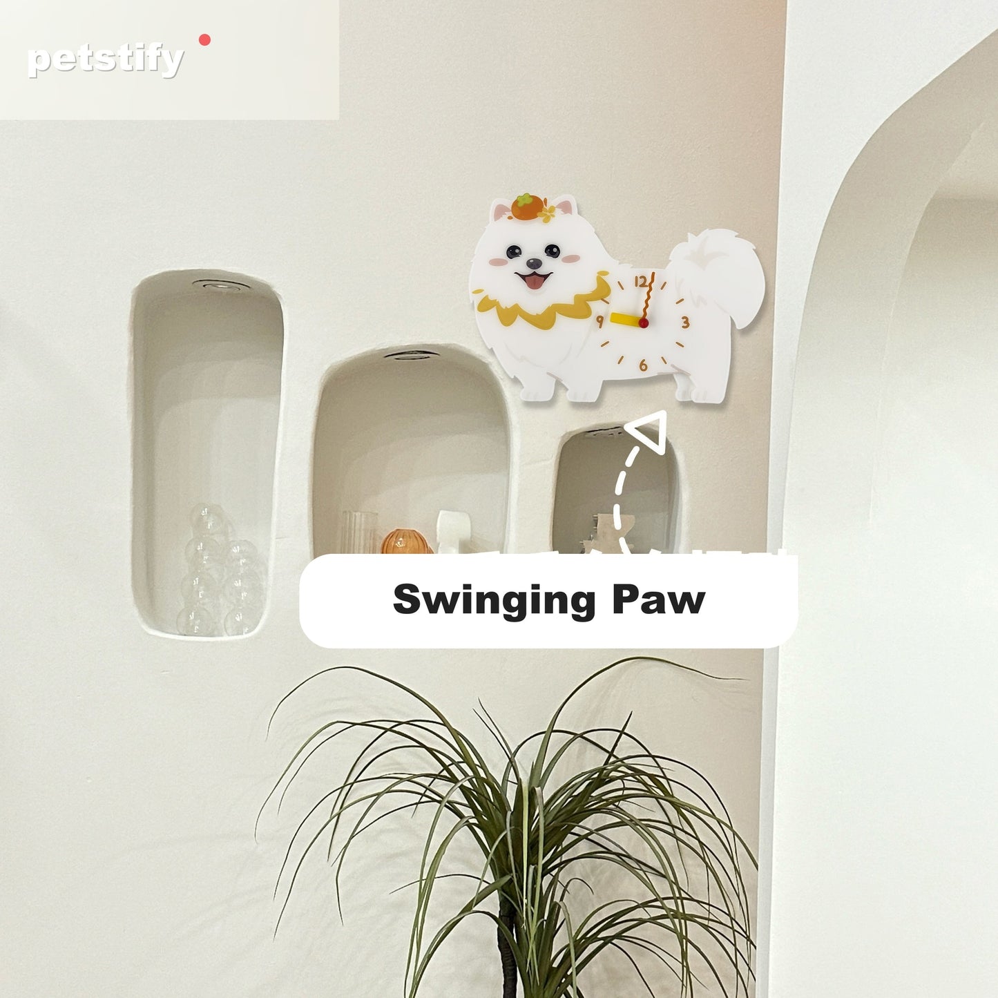 Petstify Pomeranian dog wall clock - styled on a home wall in a real room