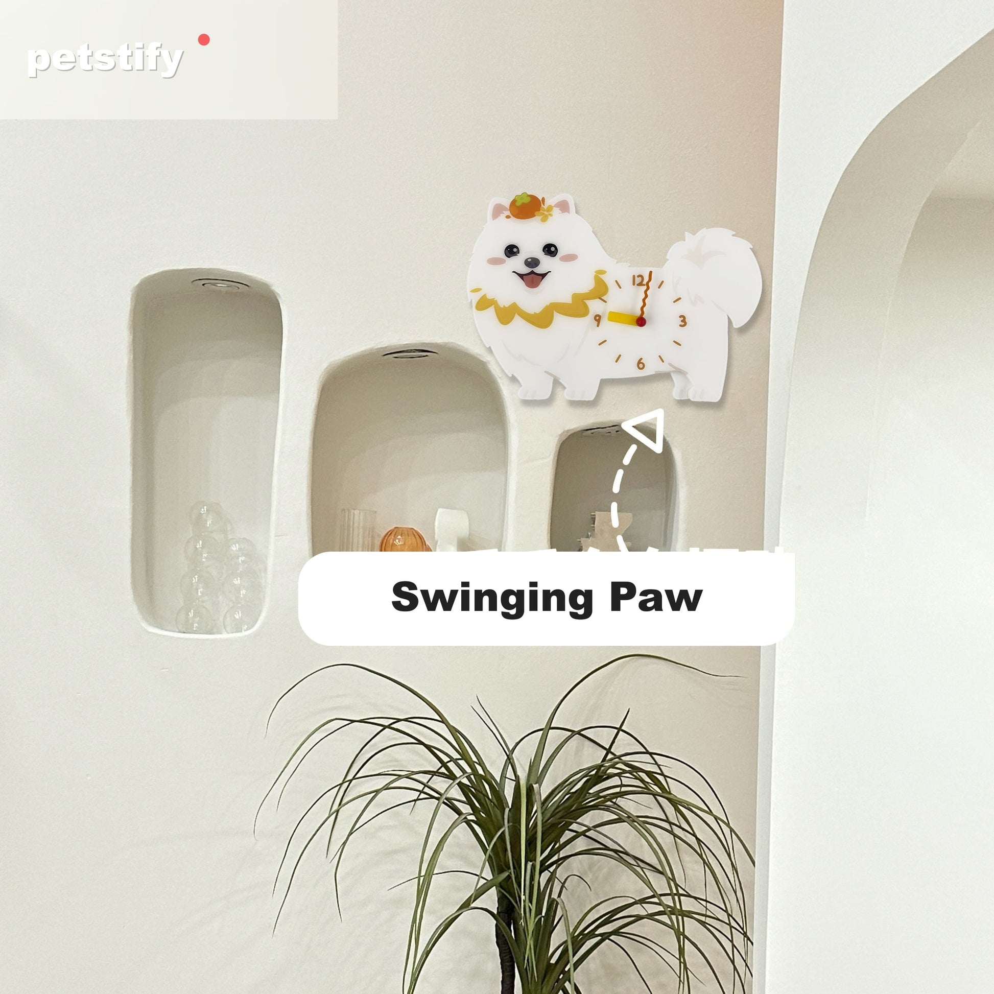 Petstify Pomeranian dog wall clock - styled on a home wall in a real room