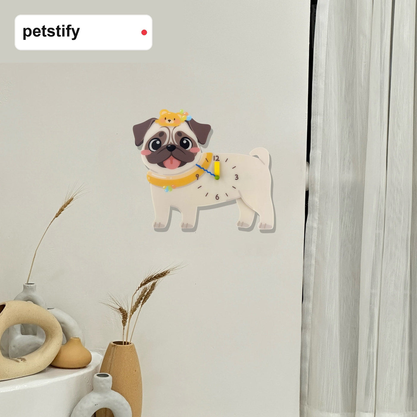 Pug Swinging Paw Wall Clock styled as funny dog wall decor