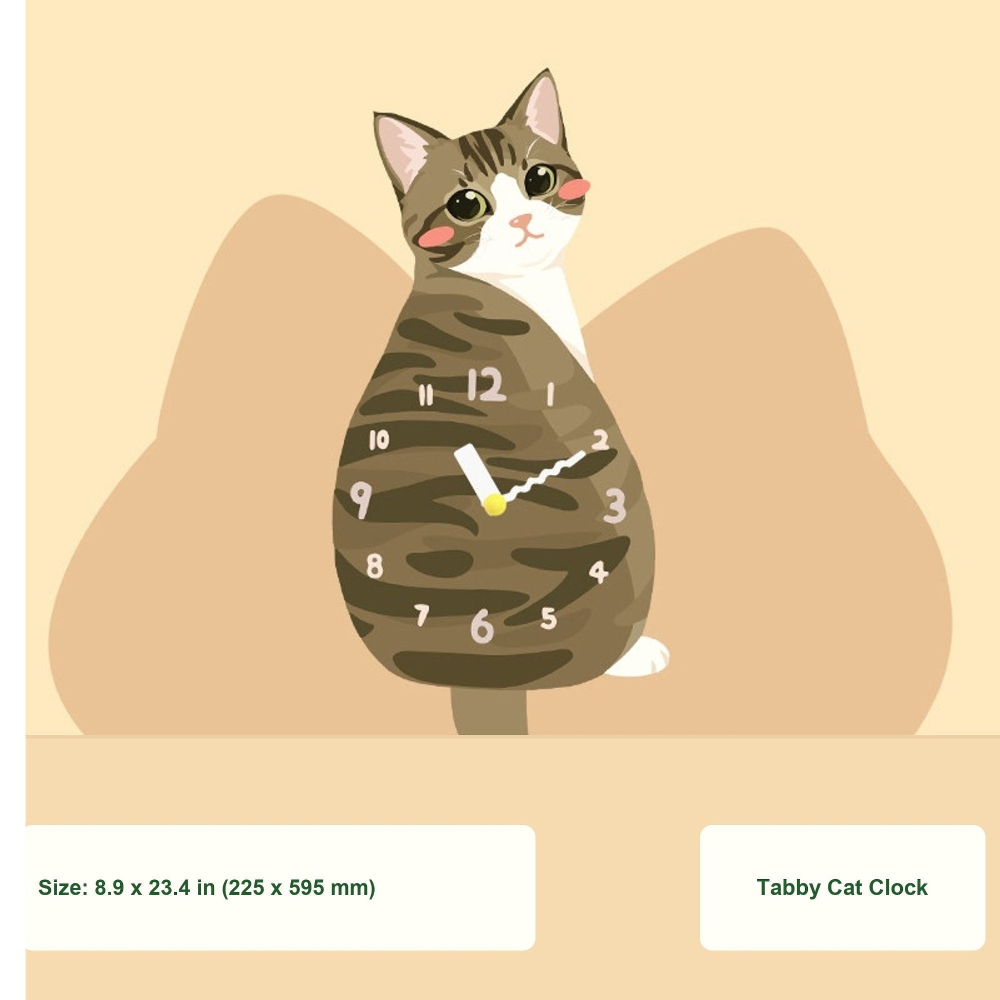 Petstify Tabby Cat swinging tail acrylic wall clock size chart