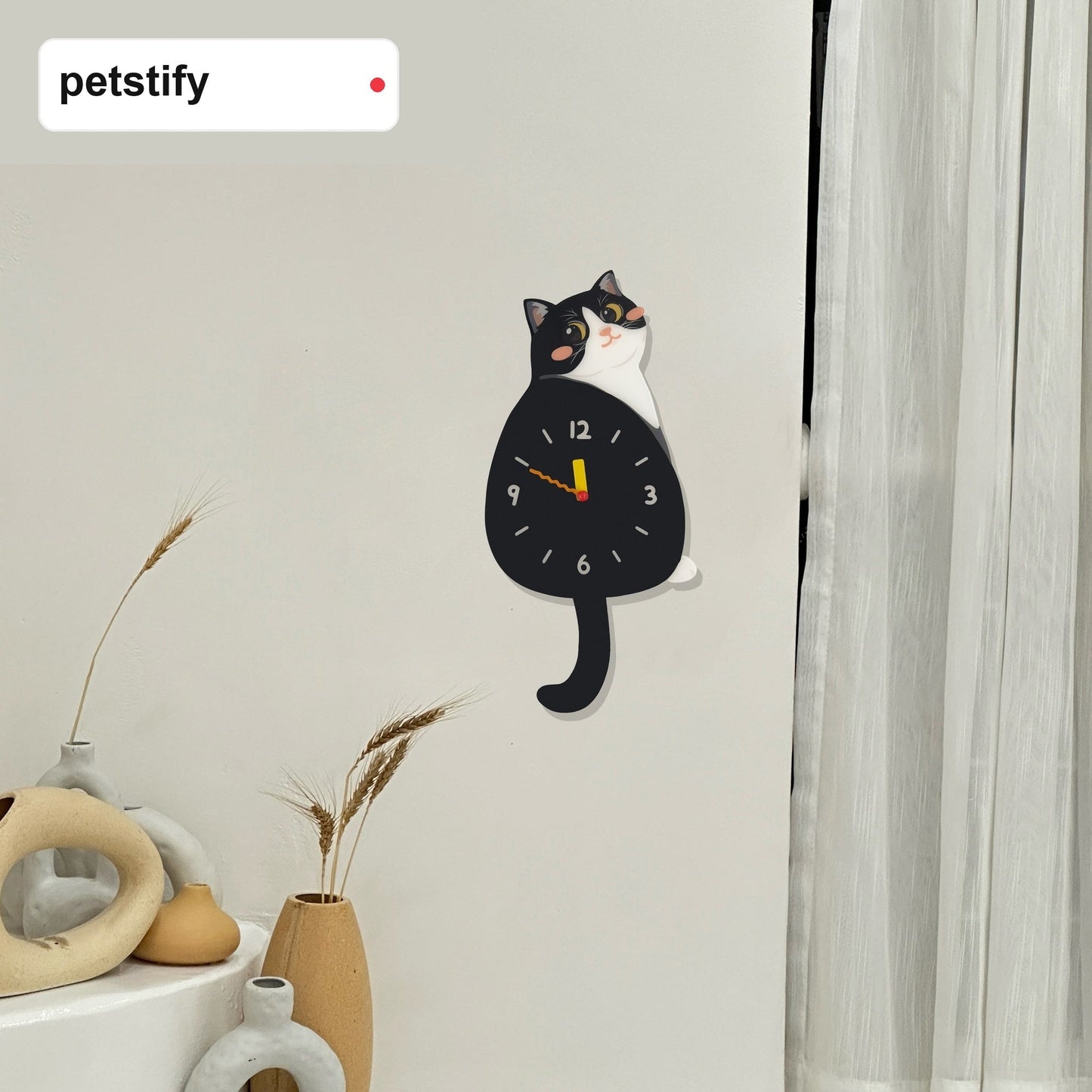 Petstify Tuxedo Cat swinging tail acrylic wall clock room wall decor photo