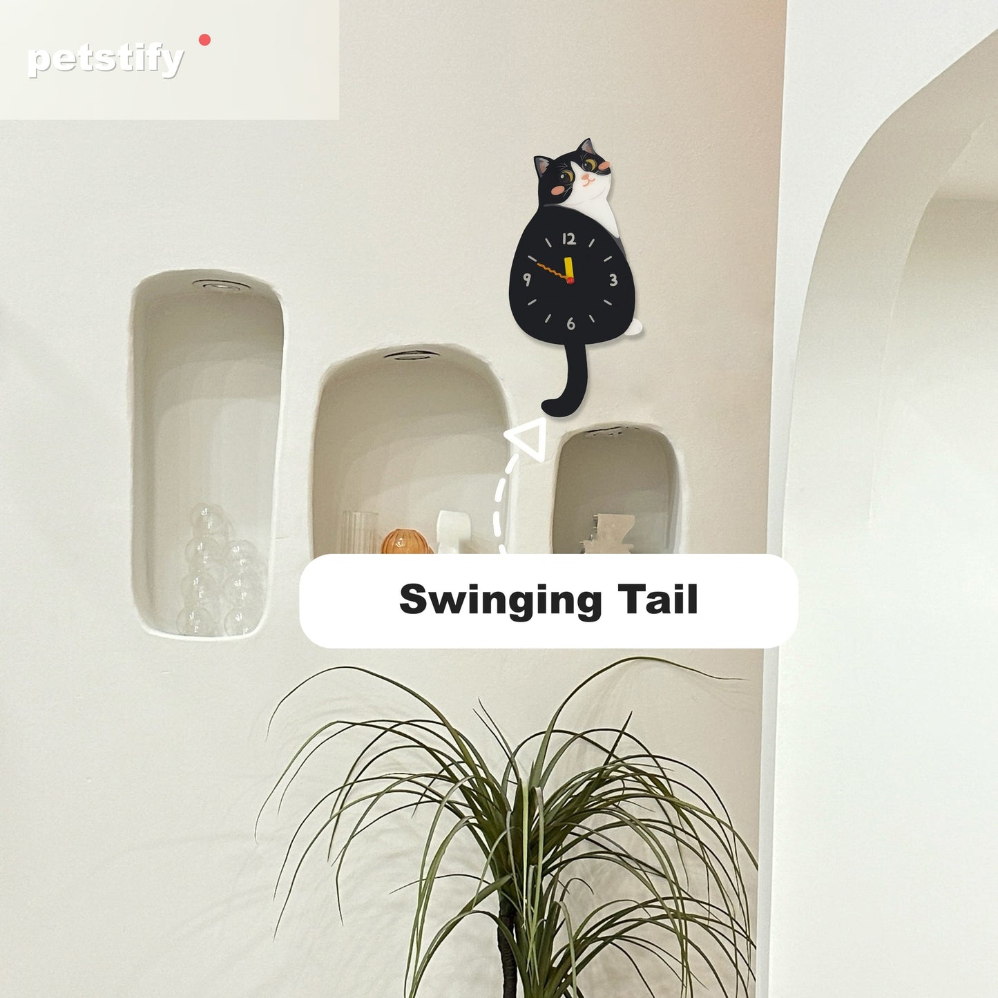 Petstify Tuxedo Cat cat wall clock - styled on a home wall in a real room