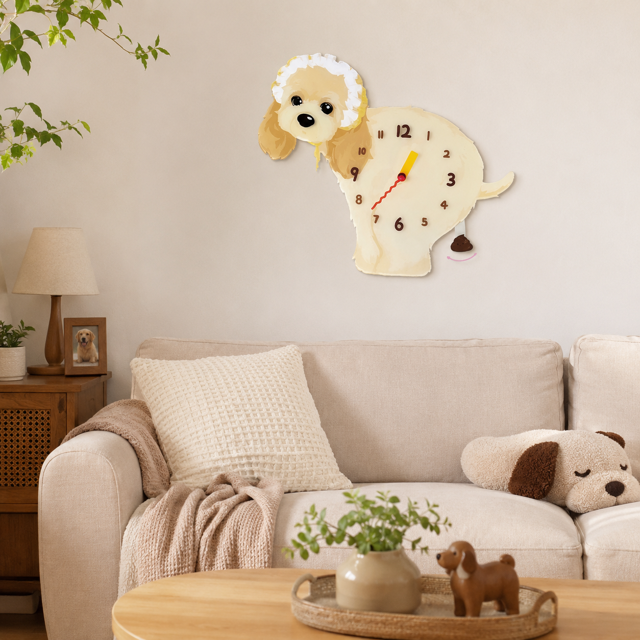 Close-up of the American Cocker Spaniel acrylic dog wall clock with real clock hands