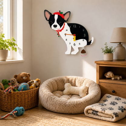 Close-up of the Black and White Chihuahua acrylic dog wall clock with real clock hands