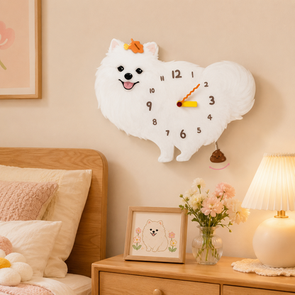 Close-up of the White Pomeranian acrylic dog wall clock with real clock hands