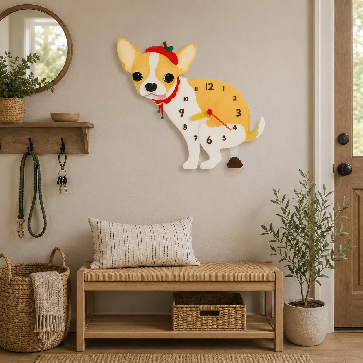 Close-up of the Cream Chihuahua acrylic dog wall clock with real clock hands
