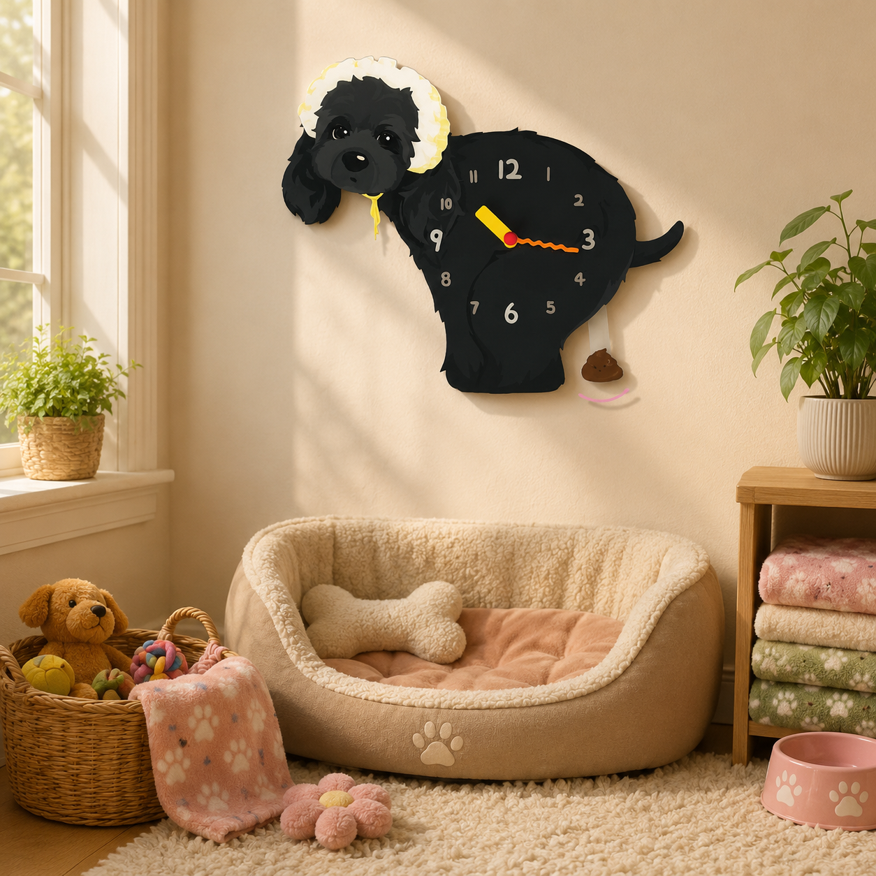 Close-up of the Black American Cocker Spaniel acrylic dog wall clock with real clock hands