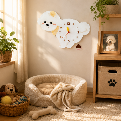 Close-up of the Chef Bichon Frise acrylic dog wall clock with real clock hands