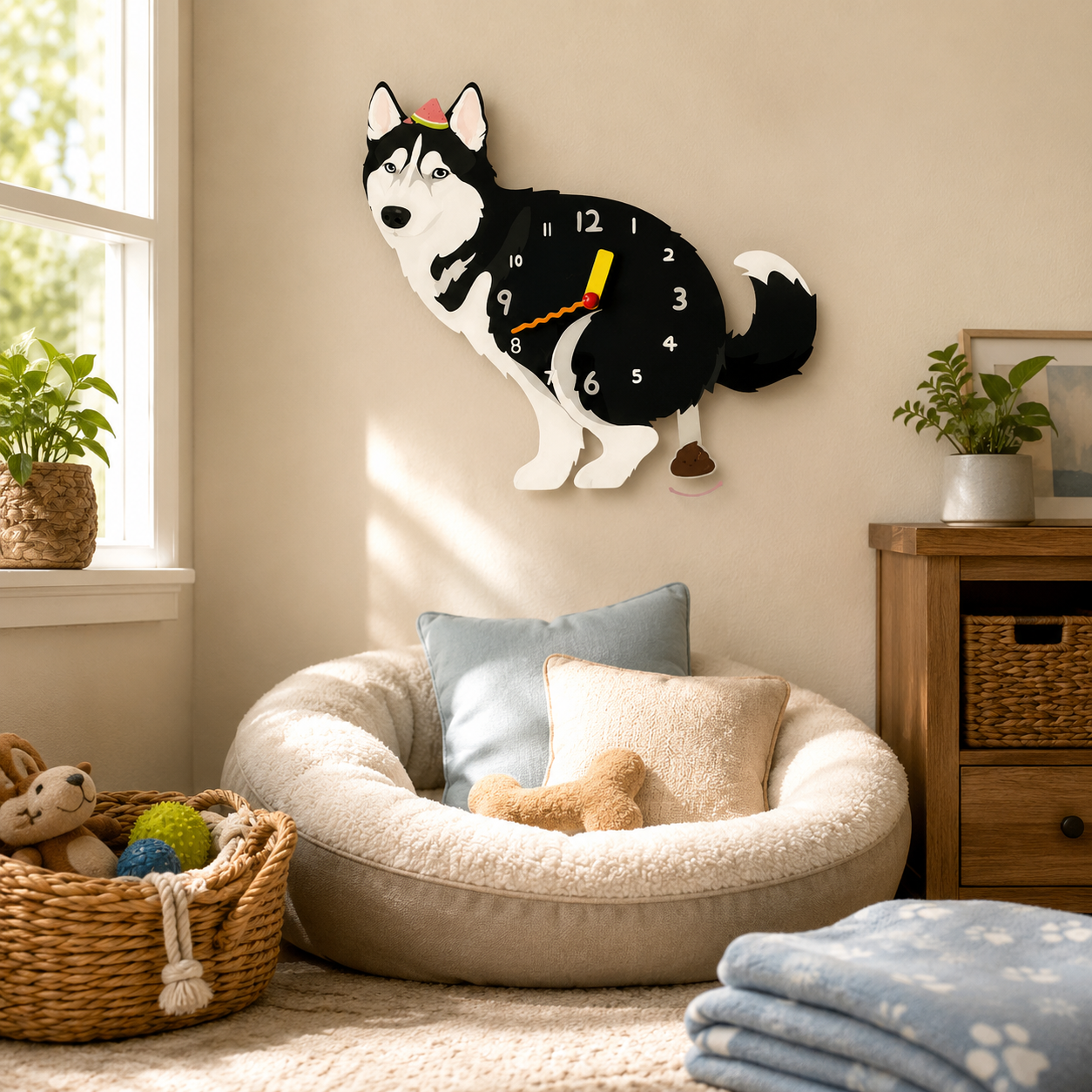 Close-up of the Black Husky acrylic dog wall clock with real clock hands