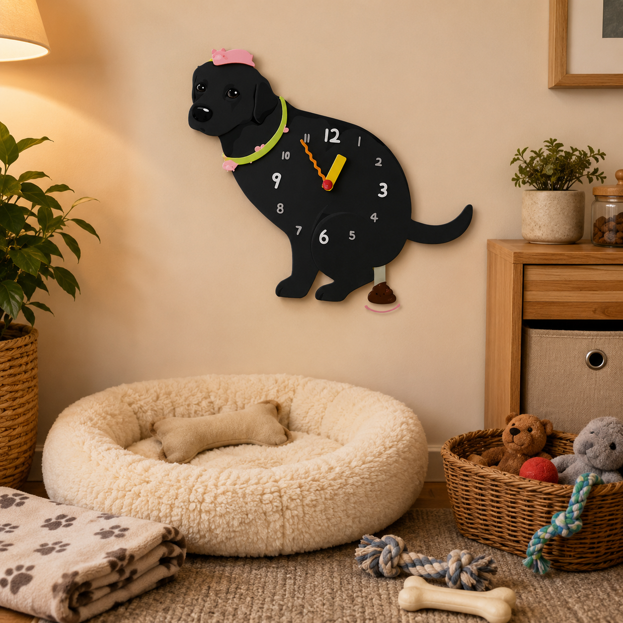 Close-up of the Black Labrador Retriever acrylic dog wall clock with real clock hands