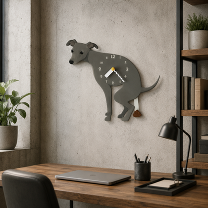 Close-up of the Gray Greyhound acrylic dog wall clock with real clock hands