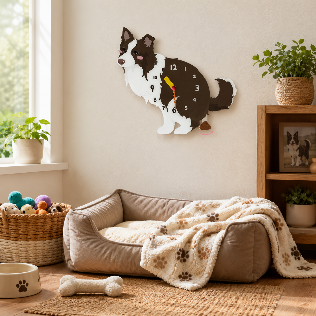Close-up of the Brown and White Border Collie acrylic dog wall clock with real clock hands