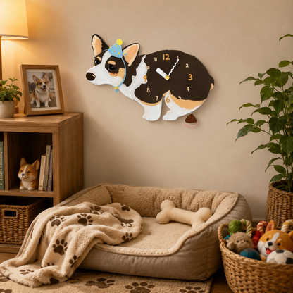 Close-up of the Black-Faced Tricolor Corgi acrylic dog wall clock with real clock hands