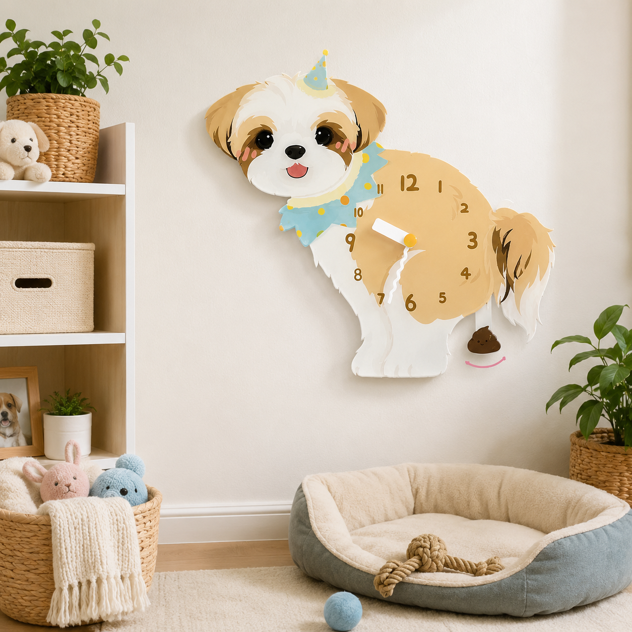 Close-up of the Shih Tzu acrylic dog wall clock with real clock hands