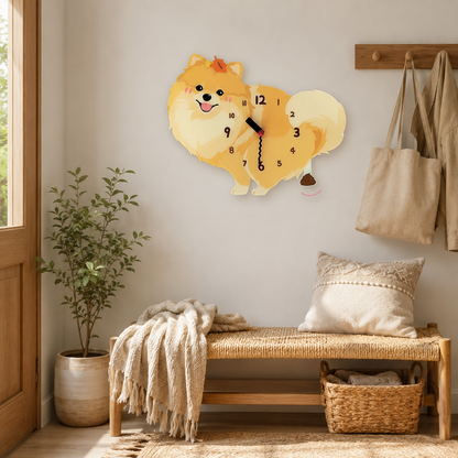 Close-up of the Yellow Pomeranian acrylic dog wall clock with real clock hands