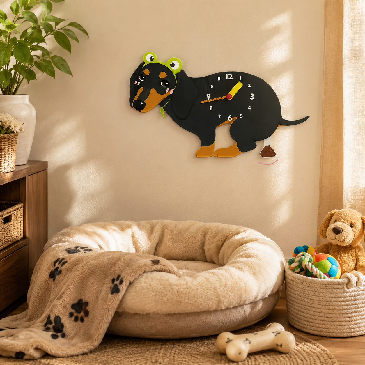 Close-up of the Black and Tan Dachshund acrylic dog wall clock with real clock hands