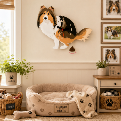 Close-up of the Shetland Sheepdog acrylic dog wall clock with real clock hands