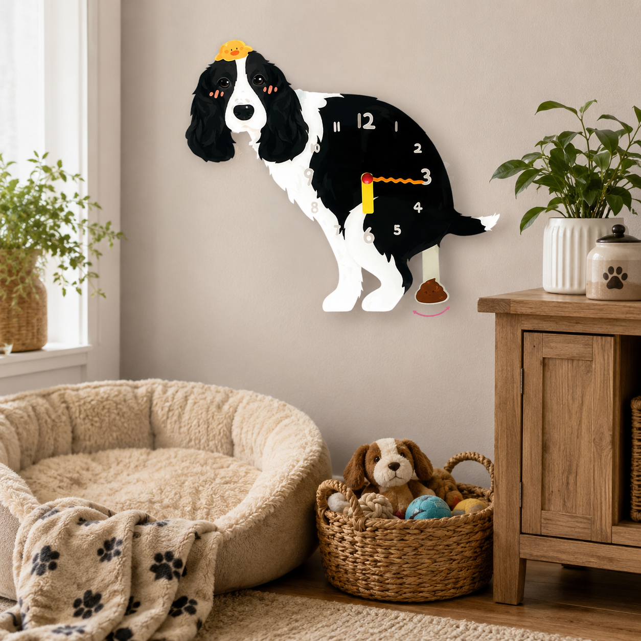 Close-up of the Black Springer Spaniel acrylic dog wall clock with real clock hands