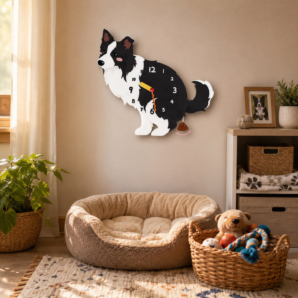 Close-up of the Black and White Border Collie acrylic dog wall clock with real clock hands