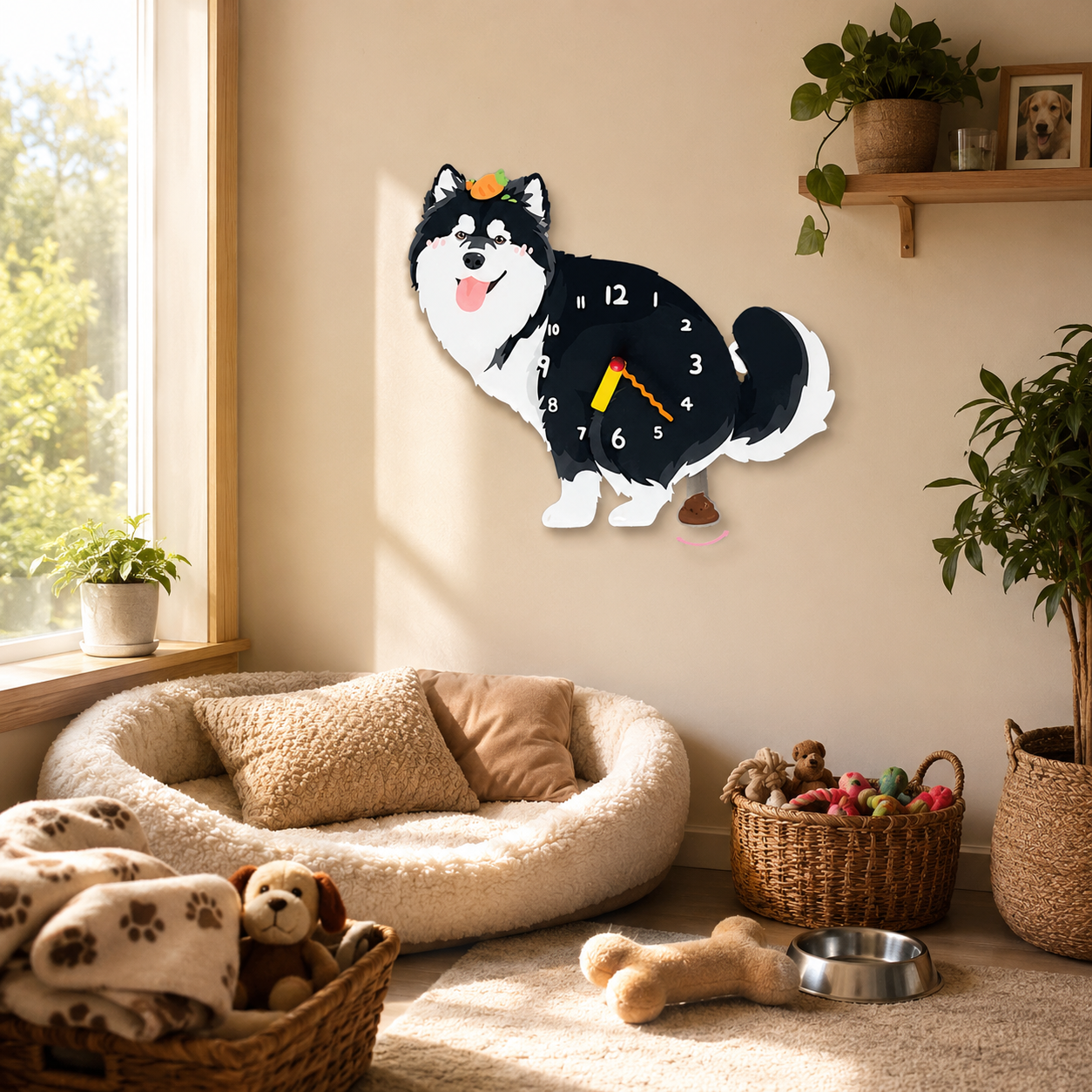 Close-up of the Black Cross Alaskan Malamute acrylic dog wall clock with real clock hands