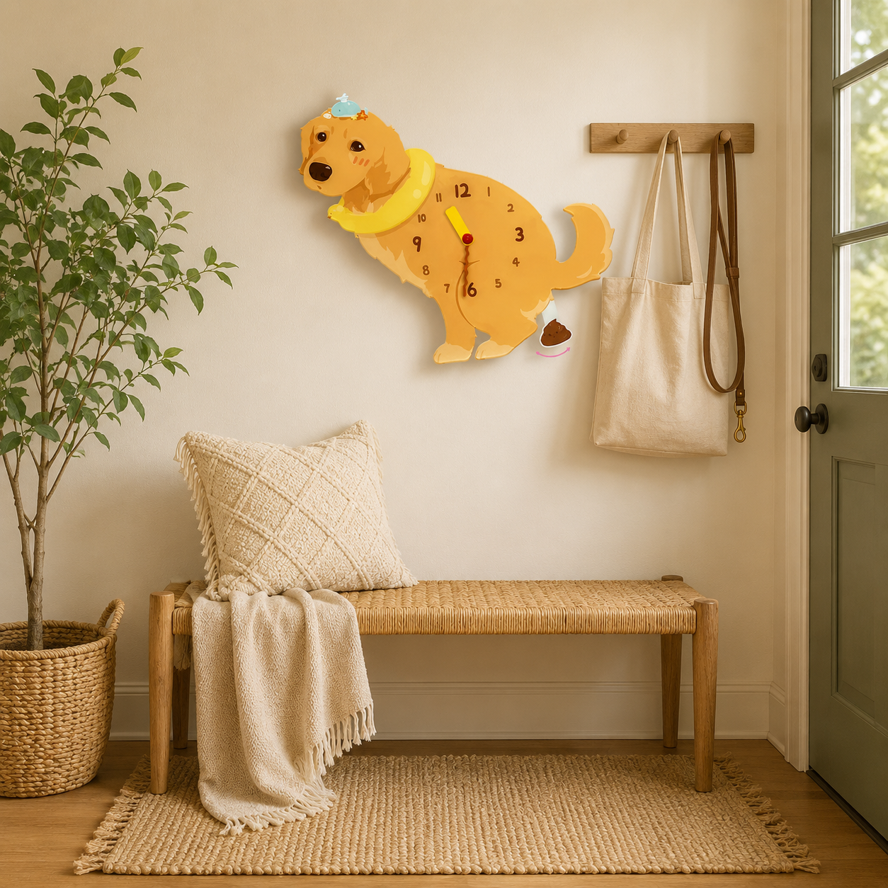 Close-up of the Light Golden Retriever acrylic dog wall clock with real clock hands