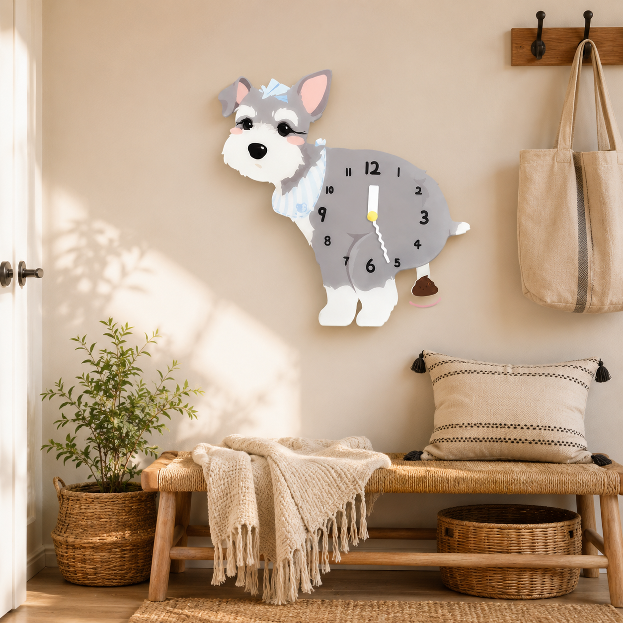 Close-up of the Light Schnauzer acrylic dog wall clock with real clock hands