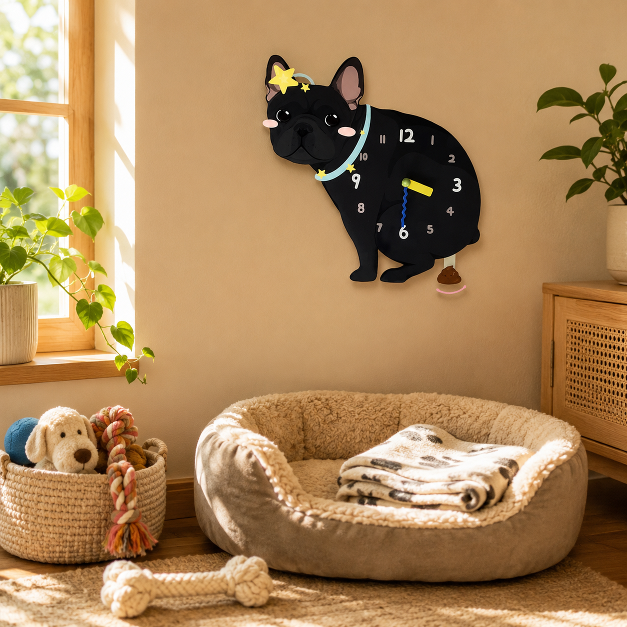 Close-up of the Black French Bulldog acrylic dog wall clock with real clock hands