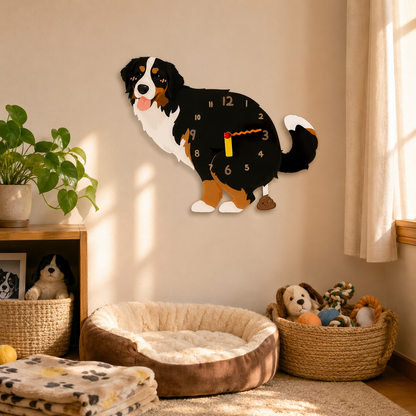 Close-up of the Bernese Mountain Dog acrylic dog wall clock with real clock hands