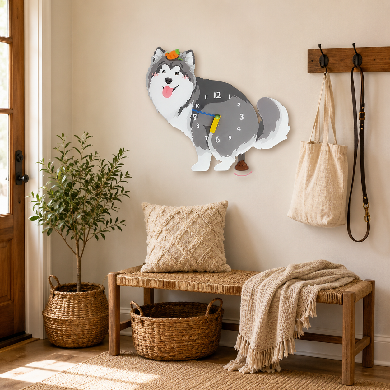 Close-up of the Gray Peach Alaskan Malamute acrylic dog wall clock with real clock hands