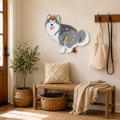 Close-up of the Gray Peach Alaskan Malamute acrylic dog wall clock with real clock hands