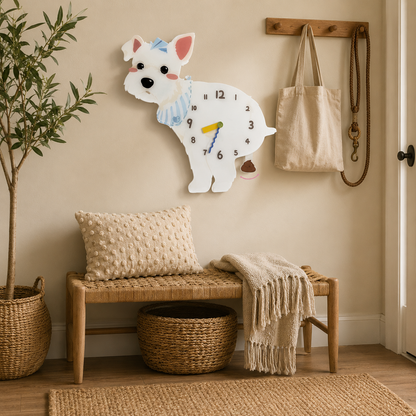 Close-up of the White Schnauzer acrylic dog wall clock with real clock hands