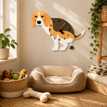 Close-up of the Beagle acrylic dog wall clock with real clock hands