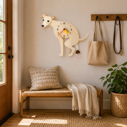 Close-up of the Latte Greyhound acrylic dog wall clock with real clock hands