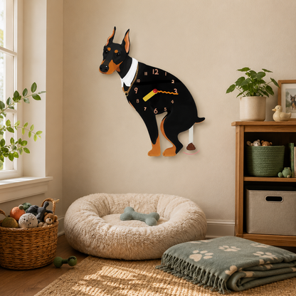 Close-up of the Black Doberman acrylic dog wall clock with real clock hands