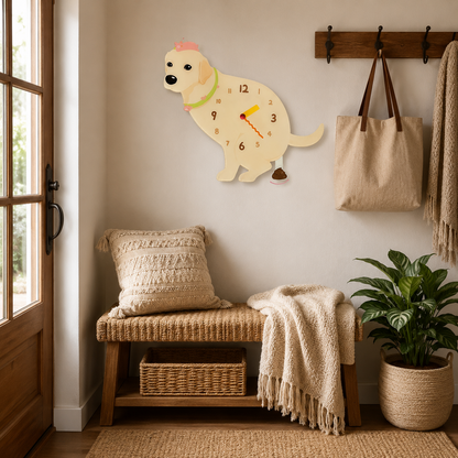 Close-up of the Yellow Labrador Retriever acrylic dog wall clock with real clock hands