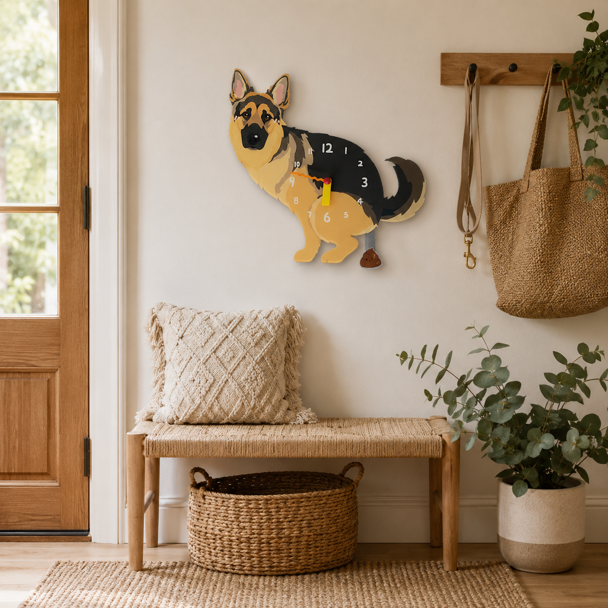 Close-up of the German Shepherd acrylic dog wall clock with real clock hands