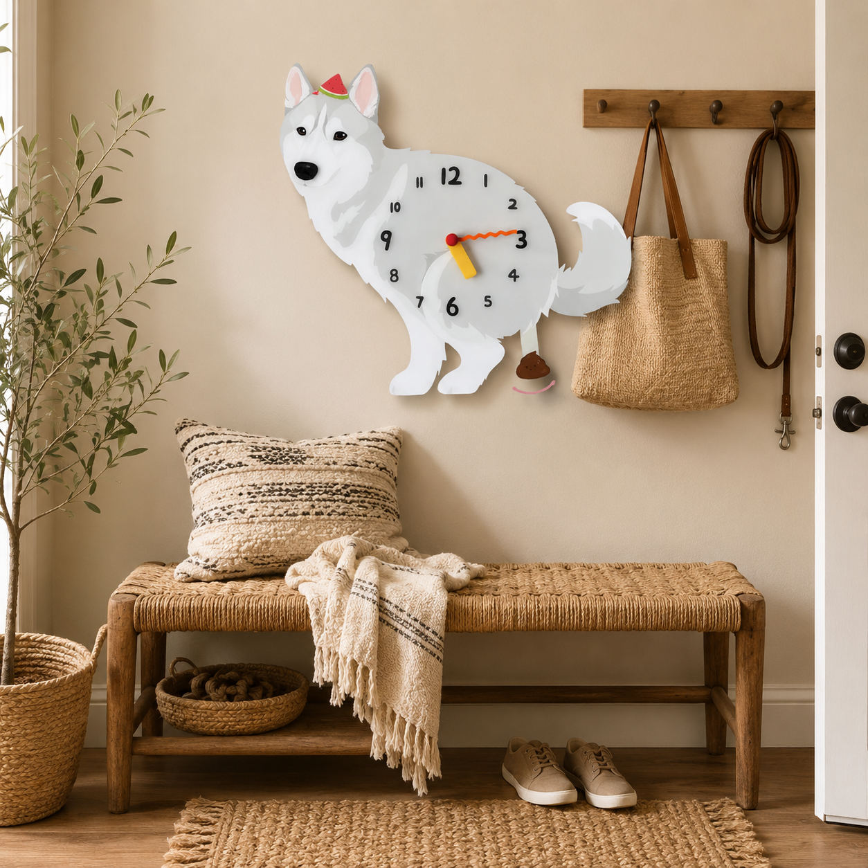Close-up of the Gray Husky acrylic dog wall clock with real clock hands