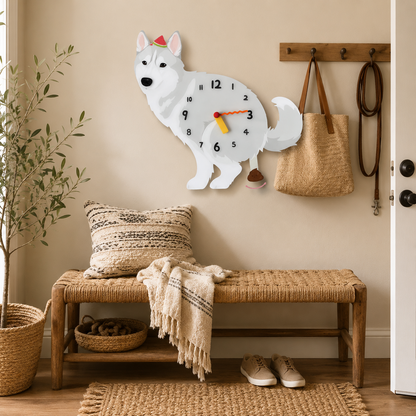 Close-up of the Gray Husky acrylic dog wall clock with real clock hands