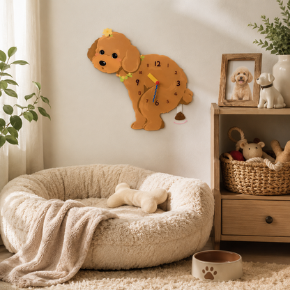 Close-up of the Brown Teddy Poodle acrylic dog wall clock with real clock hands