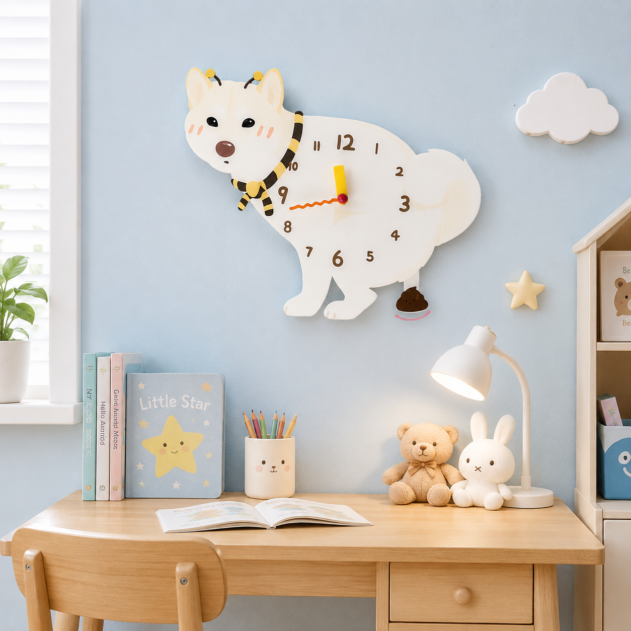 Close-up of the White Shiba Inu acrylic dog wall clock with real clock hands