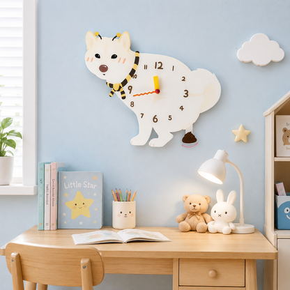 Close-up of the White Shiba Inu acrylic dog wall clock with real clock hands