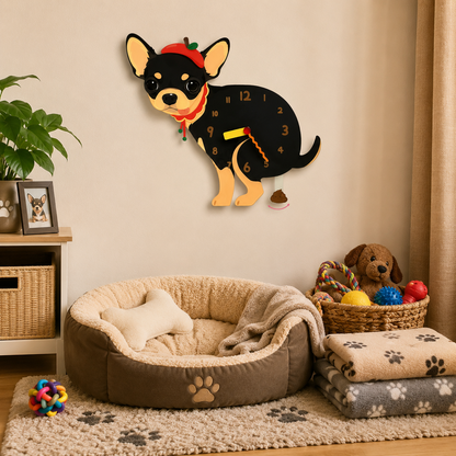 Close-up of the Black and Tan Chihuahua acrylic dog wall clock with real clock hands