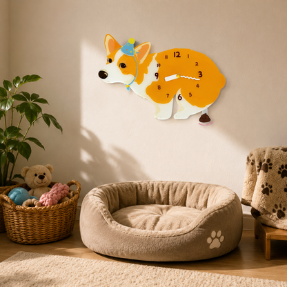 Close-up of the Bicolor Corgi acrylic dog wall clock with real clock hands