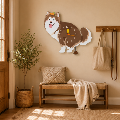 Close-up of the Red Peach Alaskan Malamute acrylic dog wall clock with real clock hands