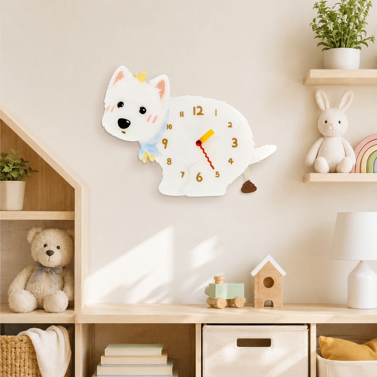 Close-up of the West Highland White Terrier acrylic dog wall clock with real clock hands