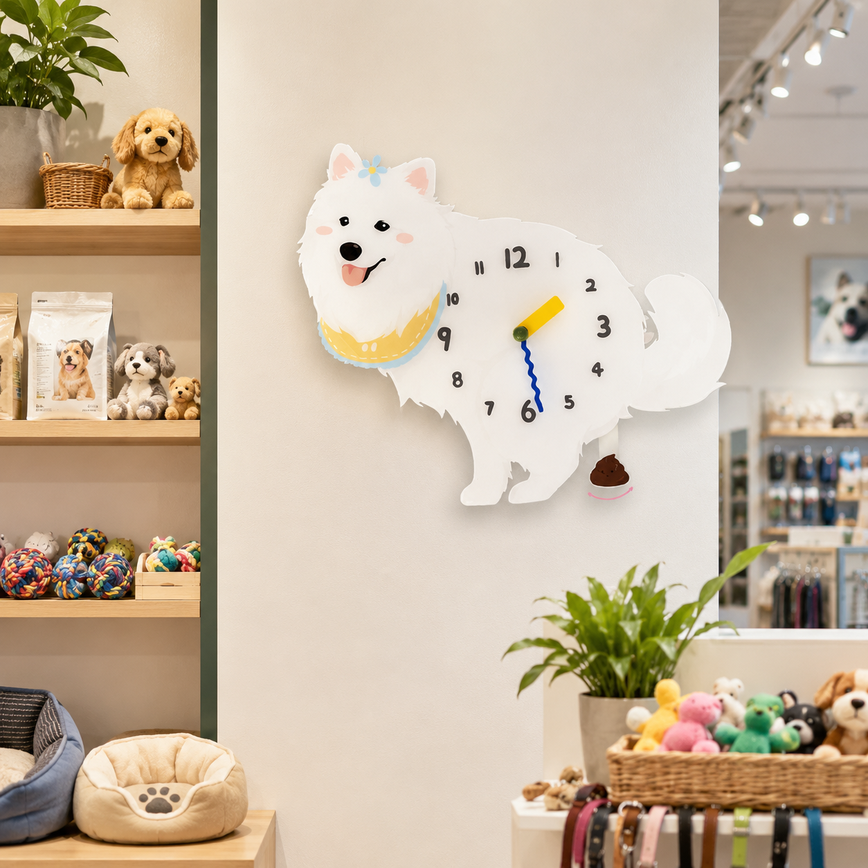 Close-up of the Samoyed acrylic dog wall clock with real clock hands